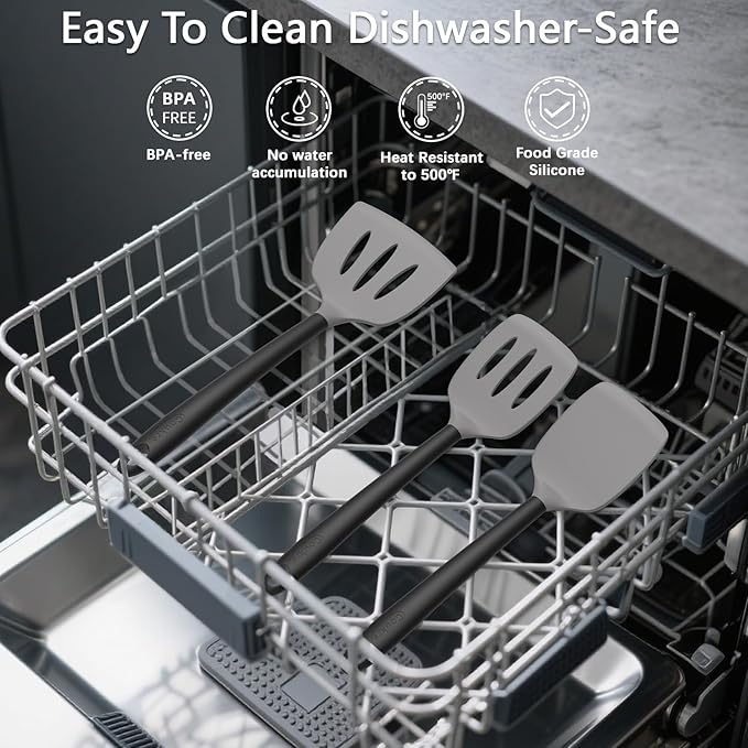 Coukre 3 Pack Silicone Spatula Set, High Heat Resistant, BPA-Free, Fish Spatula, Solid & Slotted Turner for Non-Stick Pans, Flipping Eggs, Pancakes, Fish, Burgers (3, GrayBlack)