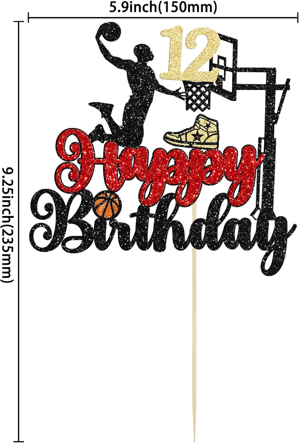 1Pc Happy 12th Birthday Basketball Cake Topper Glitter Basketball Sports Cake Pick Cheers to 12 Years Birthday Cake Decoration for 12th Sports Party Supplies Black