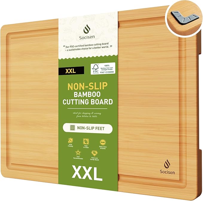 Extra Large Charcuterie Bamboo Board Non Slip Feet Over Sink Wooden Cutting Chopping Board Butcher Block Nice Solid Thick Juice Groove Big Xl XXl xlarge Hardwood Kitchen Counter Organic Meat BBQ Kit