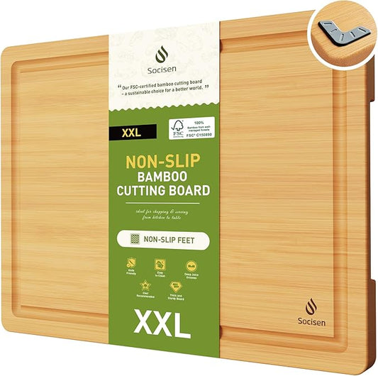 Extra Large Charcuterie Bamboo Board Non Slip Feet Over Sink Wooden Cutting Chopping Board Butcher Block Nice Solid Thick Juice Groove Big Xl XXl xlarge Hardwood Kitchen Counter Organic Meat BBQ Kit