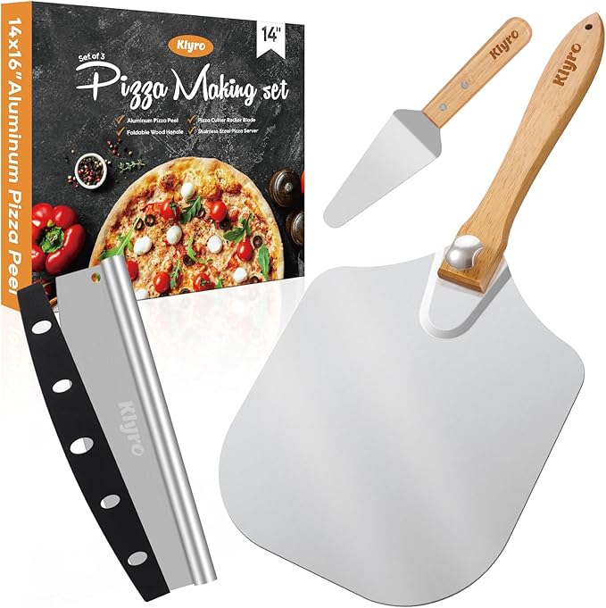Large Pizza Peel 16 inch, Extra Large Metal Pizza Peel with 14 Inch Stainless Steel Pizza Cutter Rocker 10 Inch Pizza Server, Pizza Paddle with Folding Handle