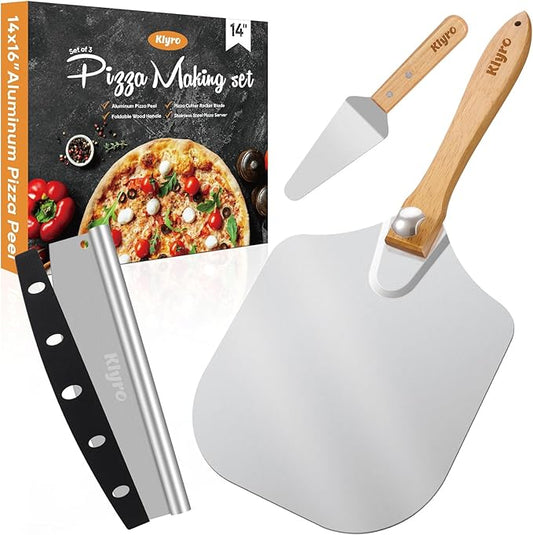 Large Pizza Peel 16 inch, Extra Large Metal Pizza Peel with 14 Inch Stainless Steel Pizza Cutter Rocker 10 Inch Pizza Server, Pizza Paddle with Folding Handle