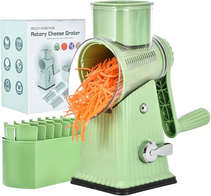 Xilrvna RotaryCheeseGrater,VegetableShredder 5 in 1 Cheese GraterwithHandleedderReinforcedSuction,EasytoClean,KitchenChopperforCrushedIce,Fruits and Nuts with Blade StorageCase（light green）