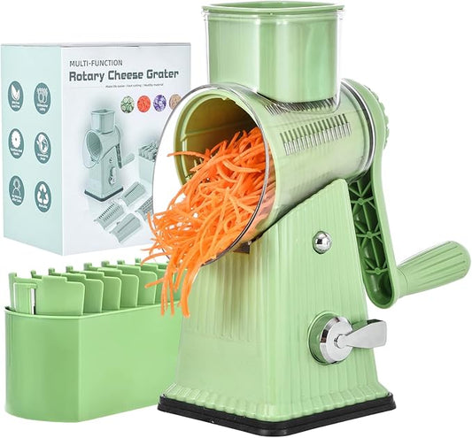 Xilrvna RotaryCheeseGrater,VegetableShredder 5 in 1 Cheese GraterwithHandleedderReinforcedSuction,EasytoClean,KitchenChopperforCrushedIce,Fruits and Nuts with Blade StorageCase（light green）