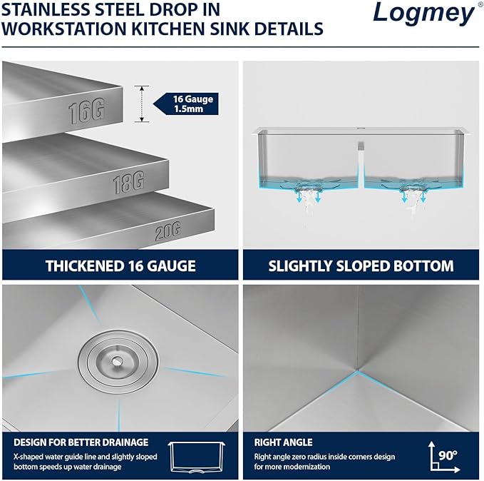 Logmey 33x22 Drop In Kitchen Sink Double Bowl 60/40 Sinks - 33 inch Workstation Sink Low Divide 60/40 Double Stainless Steel Ledge Sink Topmount 9" Deep Kitchen Sink