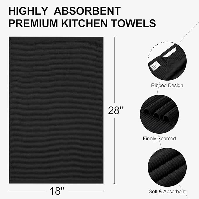Homaxy Premium Kitchen Towels (18"x 28", 8 Pack), Large 100% Cotton Kitchen Hand Towels, Ultra Absorbent Ribbed Terry Tea Towels Set with Hanging Loop, Black