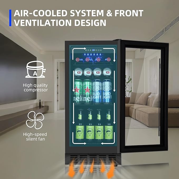 15 Inch Beverage Refrigerator, 130 Cans Drink Fridge with Glass Door & Lock, Upgraded Compressor, Low Noise, Built-in or Freestanding Cooler for Soda, Beer, Water, Black