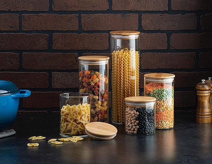 Set of 5 Glass Kitchen Canisters with Airtight Bamboo Lid - Glass Storage Jars for Pantry Organization and Bathroom for Flour, Coffee, Cookie Jar, Candy, Snack, Pasta, Rice, Sugar Packet Holder