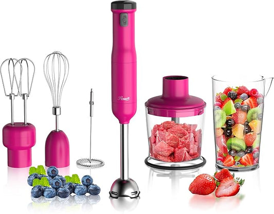 Rosewill 6-in-1 Multi-Speed Cordless Rechargeable Immersion Hand Blender, Heavy Duty Motor - Stick Blender, Beaker, Whisk, Chopper, Dual Beater, Milk Frother - For Smoothies, Baby Food, Soup (Rose)