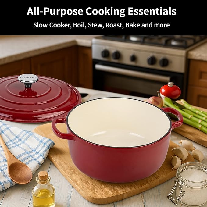 Enameled Cast Iron Dutch Oven Pot with Lid, 3.9 Quart Dutch Oven for Bread Baking, Oven Safe up to 500° F, Suitable for Bread Baking, Braising, Roasting, Stews, Red