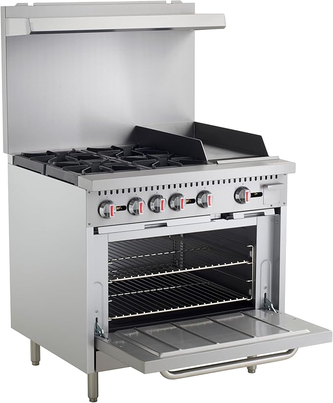 Kratos Commercial Gas Range, 36" Wide with 12" Griddle, 4 Burners, and 1 Standard Oven, Liquid Propane (29Y-173-LP)