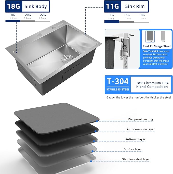 Kitchen Sink 22x18 Topmount Single Bowl Drop-in Sinks 304 Stainless Steel Handmade Home Bar Outdoor RV Sinks Brushed