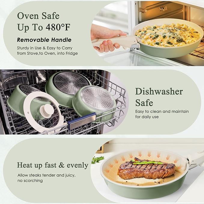 KIKCOIN Pots and Pans Set Nonstick, Ceramic Cookware Set Detachable Handle, Induction Kitchen Cookware Set with Removable Handle, Healthy Non Stick RV Cookware, Dishwasher ＆ Oven Safe, PFOA Free