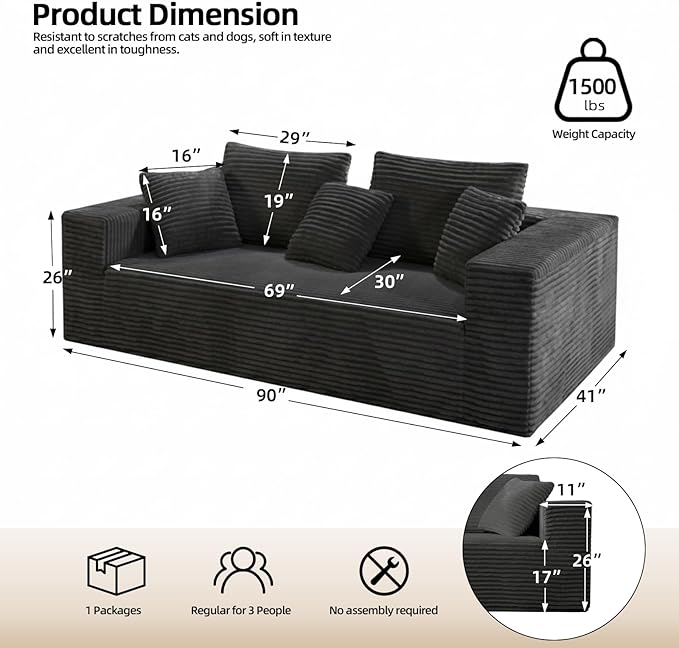 3-Seater Deep-Seat Corduroy Lounge Sleeper Sofa - No Assembly, Frameless Foam Cloud Couch for Living Room, Bedroom, Apartment, Dorm, Office