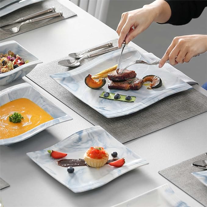 MALACASA Plates and Bowls Sets, 26 Piece Blue Dinnerware Sets for 6, Porcelain Dinner Set with Set, Dishes, Cereal Serving Platters, Kitchen Plate Bowl Series FLORA, 26 Piece(Service for 6)