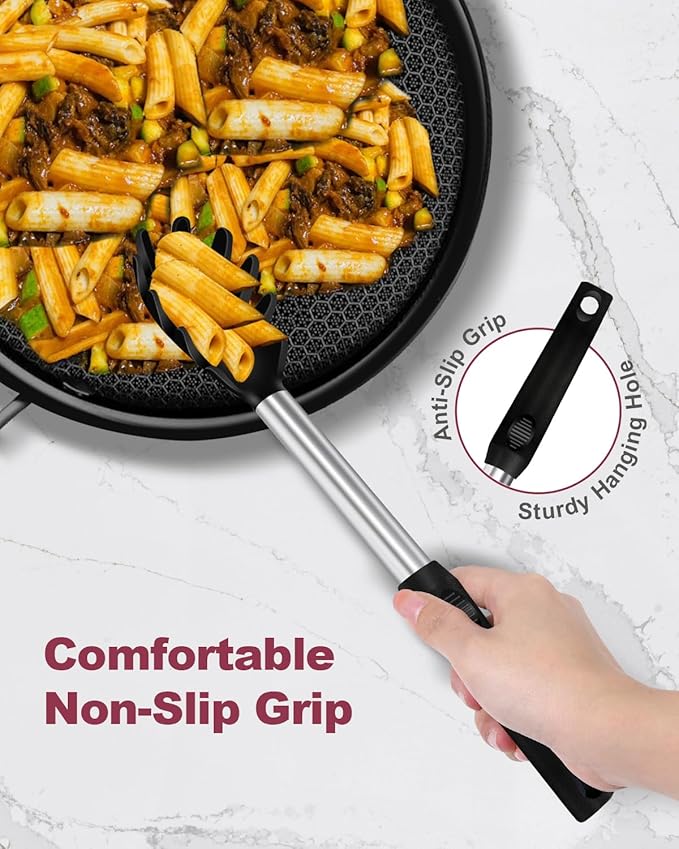 Silicone Spaghetti Spoon and Pasta Tong, Heat-Resistant Noodle Spoon Server, 13“ BPA-Free Spaghetti Strainer, Fork with Teeth and Stainless Steel Handle, Food-Grade Clip for Pasta, Black