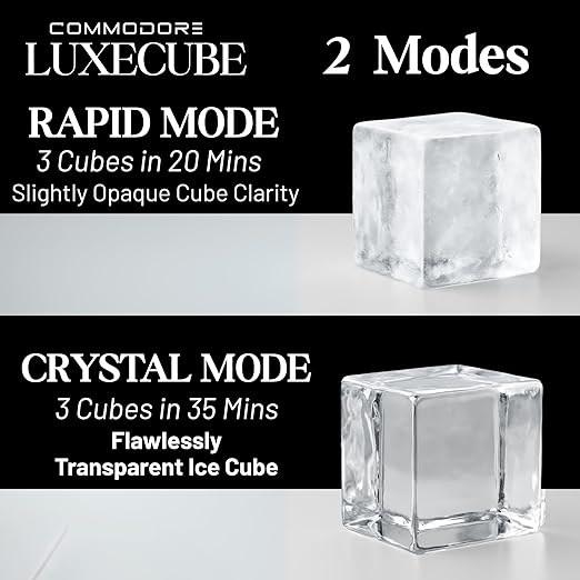 COMMODORE LUXECUBE Luxury Ice Maker – 115V AC Large Cocktail Ice Machine, Produces 9 Crystal Clear 1.5" Ice Cubes per Hour, Stores 18 Cubes, Built-in Quiet Operation, Self-Cleaning, ETL Listed