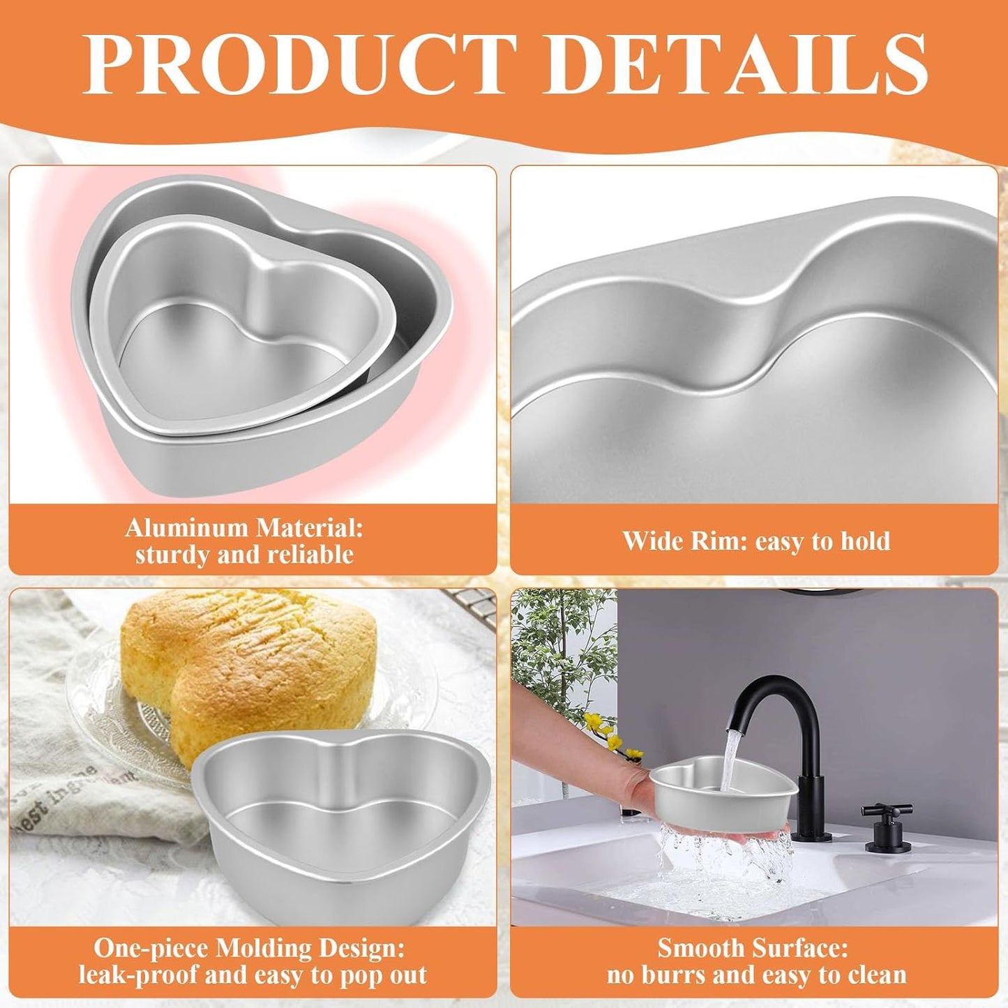 4Pcs Heart Shaped Cake Pans with Removable Bottom, 6" and 8" Aluminum Heart Cake Mold, Baking Pan Cheesecake Pan for Oven Baking Wedding Birthday Anniversary