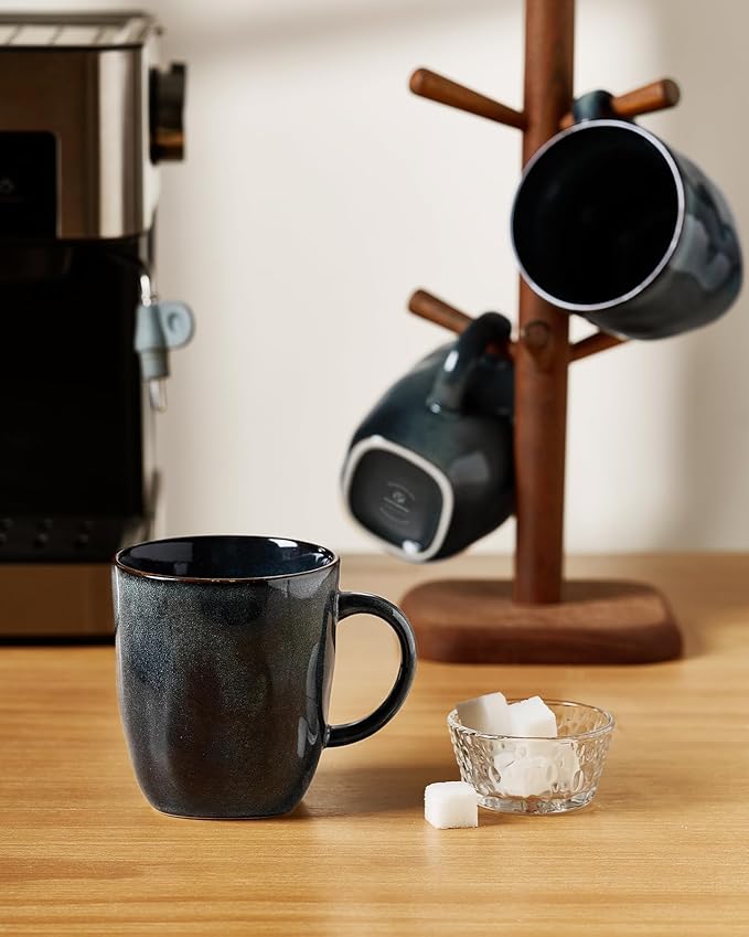 famiware Coffee Mugs Set of 6, Ocean Square 13oz Coffee Cup Set with Handle for Cocoa, Milk, Hot Chocolate, Tea, Water, Stoneware Cups for Kitchen, Microwave and Dishwasher Safe, Deep Forest