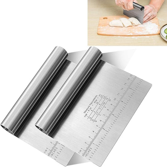 Pro Dough Pastry Scraper/Cutter/Chopper Stainless Steel Mirror Polished with Measuring Scale Multipurpose- Cake, Pizza Cutter - Pastry Bread Separator Scale Knife 2PCS