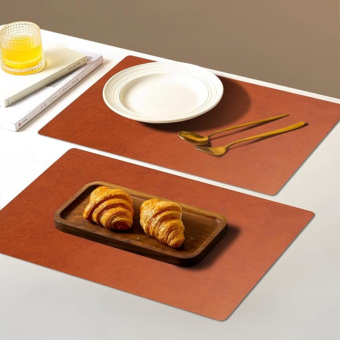 Vinyl Placemats Set of 6-12×17.7 Inch Waterproof & Heattable Placemats, Fall Faux Leather Wipeable Outdoor Table Mat for Dining, Kitchen, Indoor Outdoor Use(Camel, Cowhide Grain)
