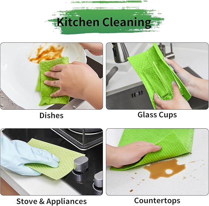 YEEHAW Swedish Dishcloths for Kitchen 10 Pack, Cellulose Sponge Cloths, No Odor Reusable Cleaning Cloths, Super Absorbent Dish Cloth Hand Towel for Kitchen, Bathroom, Glass Surface, Furniture