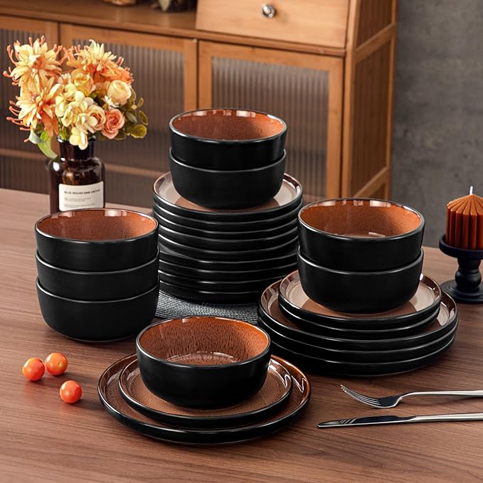 vancasso Plates and Bowls Sets, 24 Pieces Stoneware Dinnerware Sets for 8, Kitchen Dish Set Mircowave and Dishwasher Safe Dinner Set Ceramic Dishware, Brown, Series AMBER