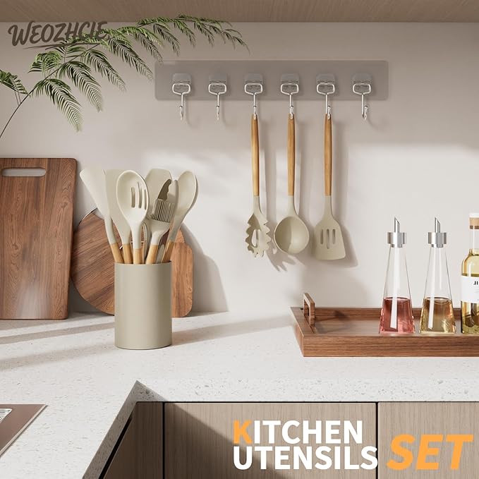 Silicone Cooking Utensil Set,12 PCS Cooking Cookware Kitchen Utensils Set for Cooking, Nonstick 446°F Heat-Resistant Cookware Kitchen Tools of Spoon,Brush,Whisk,Spatula,Turner Tongs (Khaki)