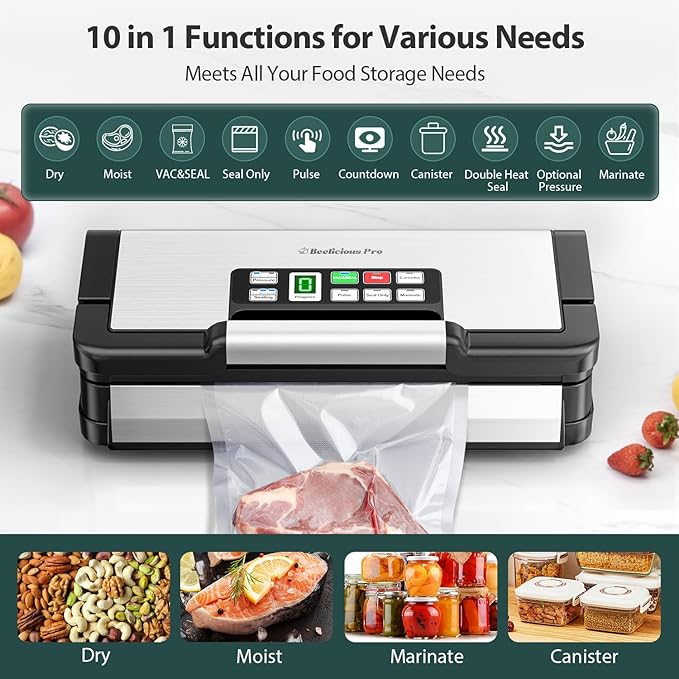 95kPa Vacuum Sealer Machine with AquaLock Technology, for Moist Seals, 2X Seal & 130W, Fully Automatic Food Sealer, Built-In Cutter, Bag Storage & Hose, Precision Sealing, 2 Bag Rolls,Stainless Steel