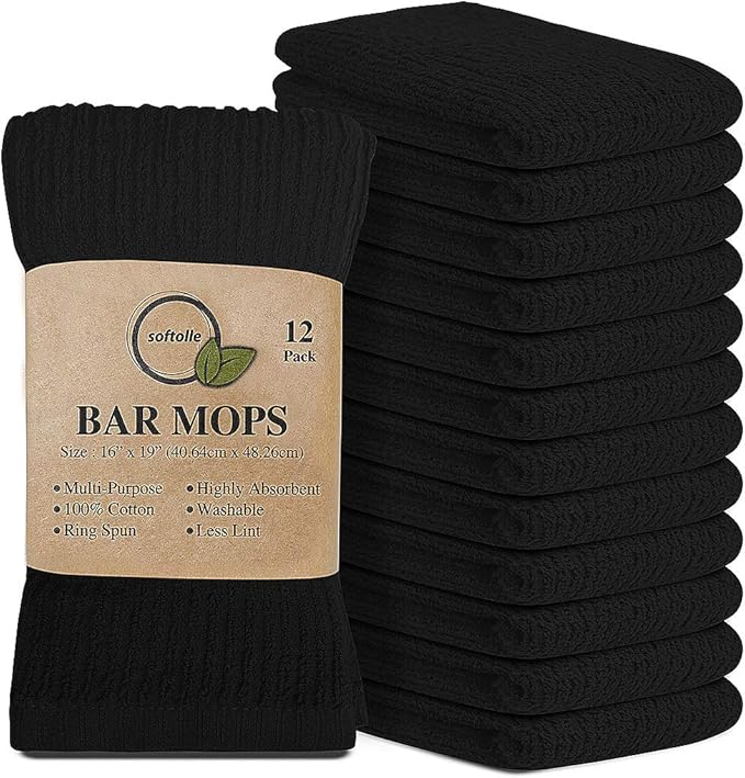 Softolle Bar Mop Towels, Pack of 12-16x19 Inches - 100% Cotton Super Absorbent Towels, Multi-Purpose for Home and Bar Cleaning (Black)