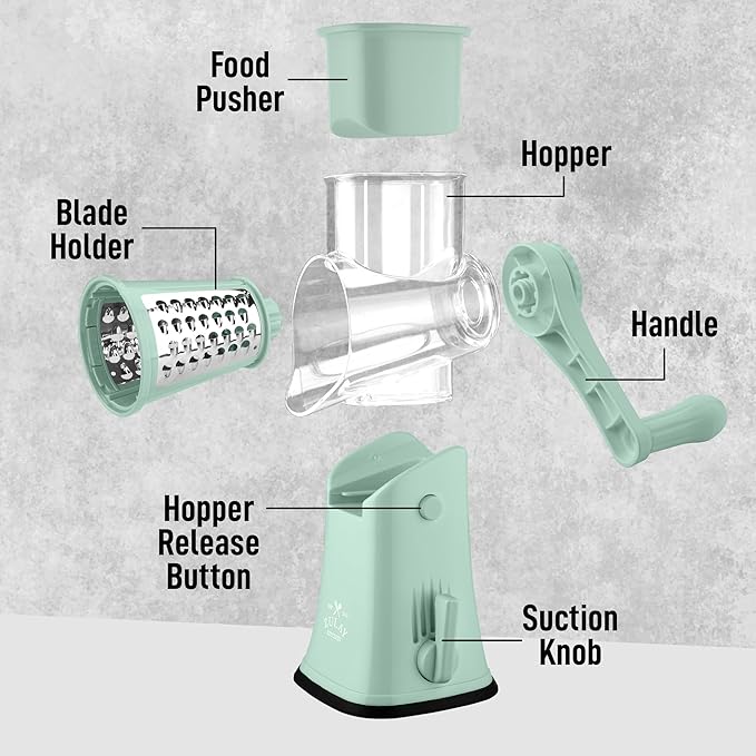 Zulay Kitchen Rotary Cheese Grater 5 Blade Cheese Shredder - Manual Hand Crank Cheese Grater With Reinforced Suction & 5 Interchangeable Drums - Easy to Use, Vegetable Chopper Round Mandoline Slicer