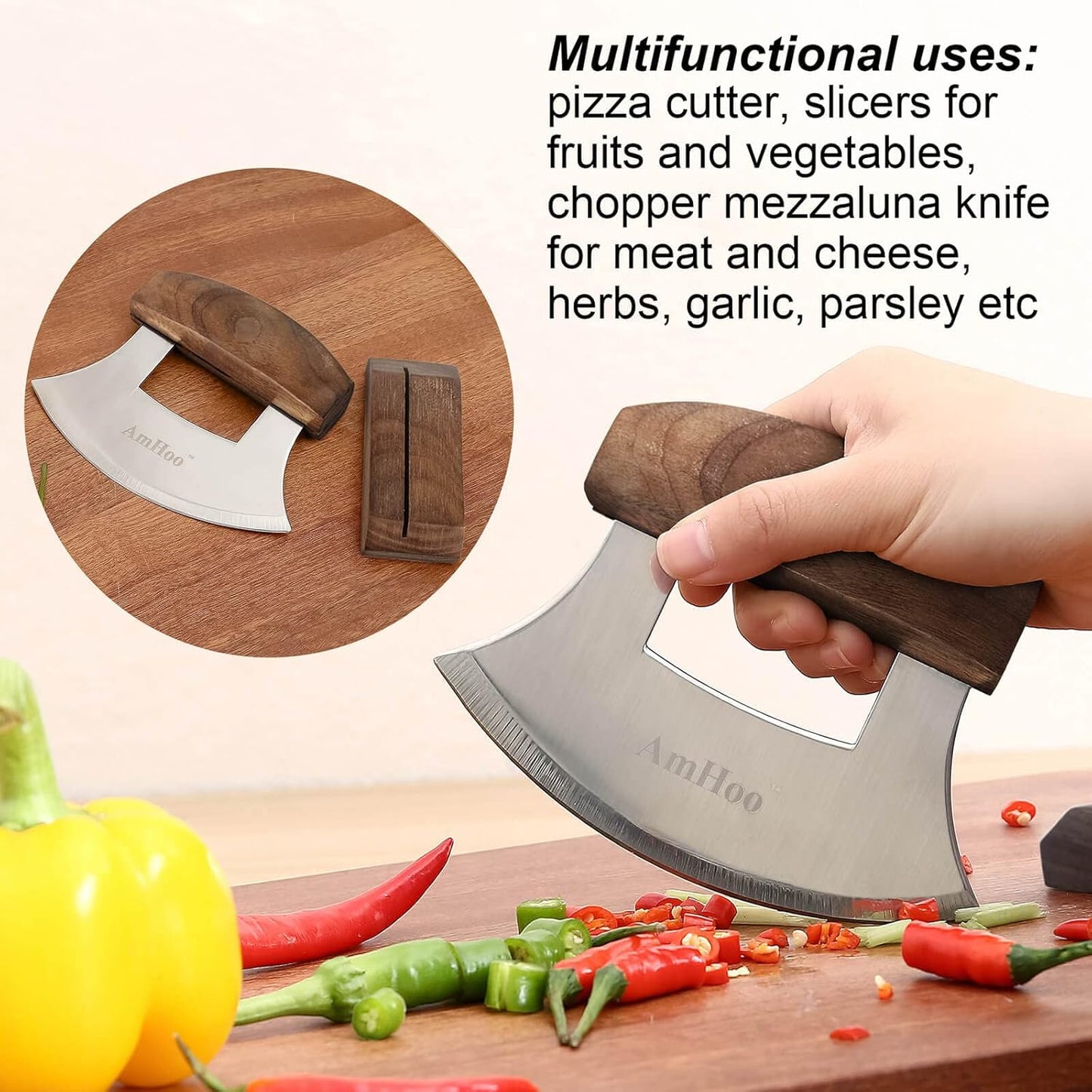 AmHoo Pizza Cutter Chef Mezzaluna Ulu Knife Handle Walnut Wood Grip Sharp Rocker Slicer Stainless Steel Blade Salad Onion Vegetable Chopper with Holder Base Christmas Gifts