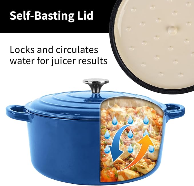 Enameled Cast Iron Dutch Oven Pot with Lid, 5.7 Quart Dutch Oven for Bread Baking, Oven Safe up to 500° F, Suitable for Bread Baking, Braising, Roasting, Stews, Blue