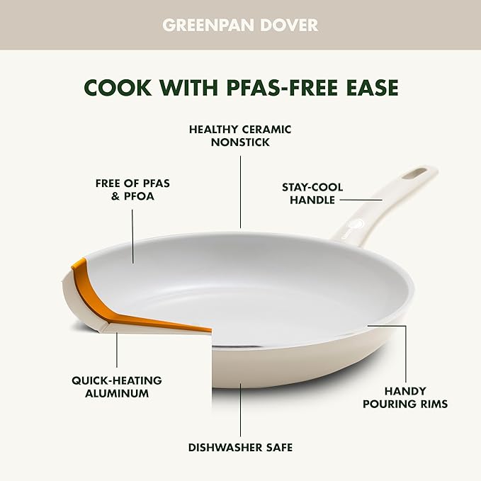 GreenPan Dover Healthy Ceramic Nonstick, 12 Piece Cookware Pots and Pans Set, PFAS-Free, Dishwasher Safe, Comfort Grip Handle, Cream White