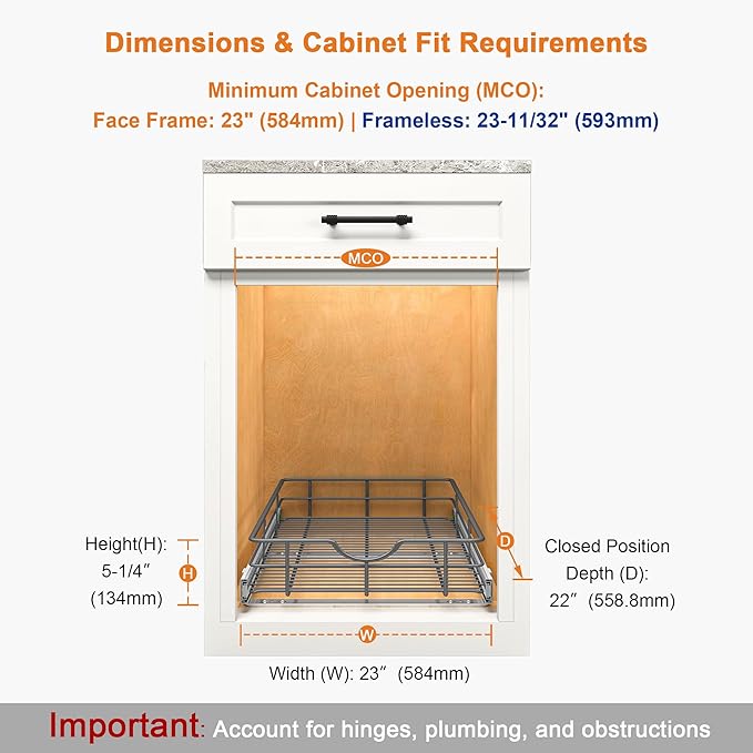ALINE FURNITURE Pull Out Shelves - 23" W x 22" D Soft Close Pull Out Cabinet Organizer 1 Tier - Slide Out Drawers with Shelf Liner, Heavy Duty Steel Wire Baskets for Kitchen Cabinets, Pantry, Bathroom