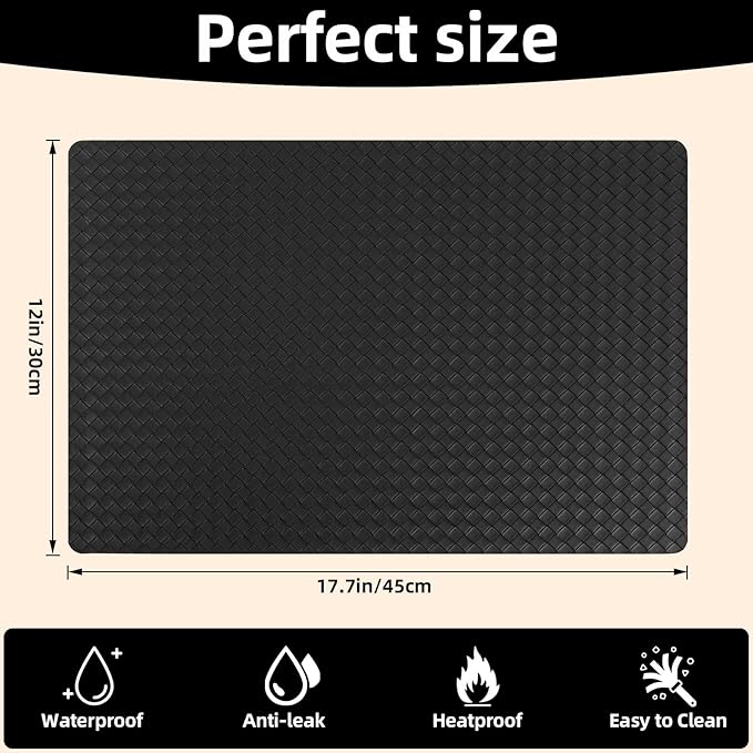 Vinyl Placemats Set of 6-12×17.7 Inch Waterproof & Heattable Placemats, Fall Faux Leather Wipeable Outdoor Table Mat for Dining, Kitchen, Indoor Outdoor Use (Black, Woven Pattern)