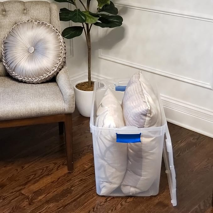 HOMZ 2-Pack Latching Lid, Clear Plastic Storage Organizer Bins, 112 Quart, Blue Latch - Stackable Organizing Containers for Home, Garage, and Office