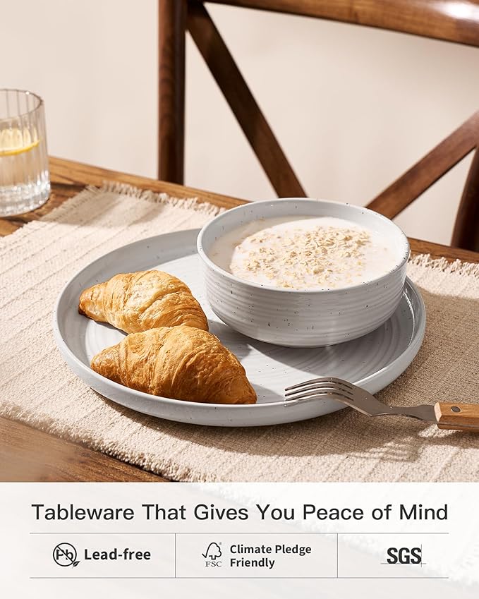 Stoneware Dinnerware Sets, Plate and Bowl Sets for 6, 18 Pieces Spiral Flared Dishware Set with Speckles & Reactive Glaze - Microwave and Dishwasher Safe Tableware, White