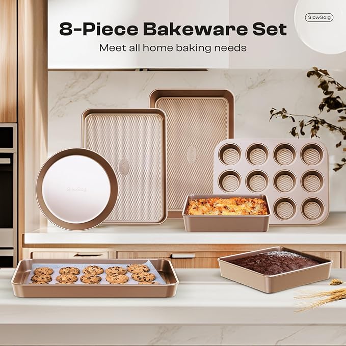 Baking Pans Set 8-Piece Bakeware Sets, Baking Sets for Cooking Nonstick Oven Pan Set, Baking Sheet Set, Cookie Sheets for Baking, Muffin Pan, Cookie Sheets (Ceramic Coated Gold)