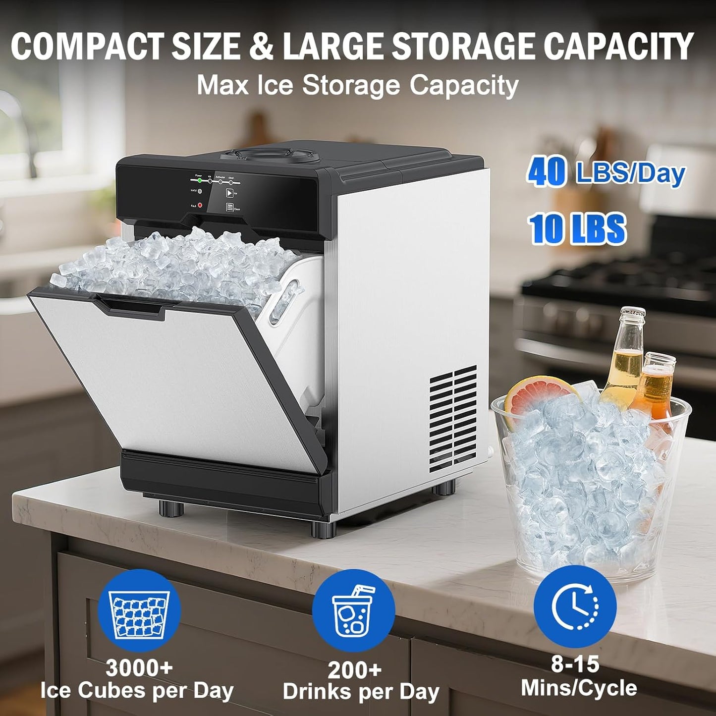 Nugget Ice Maker Countertop, 40 LBS/Day with 10 LBS Storage Bin, Freestanding/Countertop Ice Maker Machine Stainless Steel, Soft Chewable Pellet Ice Machine for Home Bar Kitchen Office, Self-Cleaning