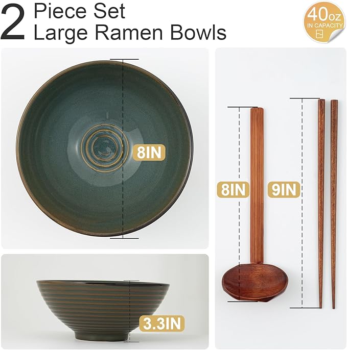 8 Inch Ceramic Ramen Bowl Set of 2, 40oz Japanese Bowls with Spoons & Chopsticks,Durable,Microwave & Dishwasher Safe,Perfect for Ramen,Pho,Salad,Soup,Noodles，Mixing bowls（Dark Teal）