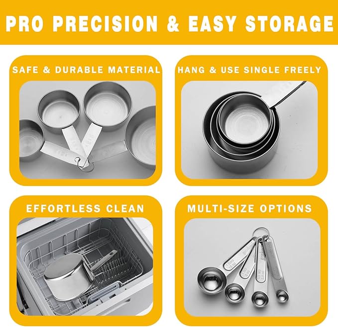 Stainless Steel Measuring Cups and Spoons Set, 8 Piece Essential Kitchen Tools, Measuring Kitchen Gadgets with Good Grips for Spice Jar, Liquid & Dry Ingredients, Pet Food, Coffee Scoop