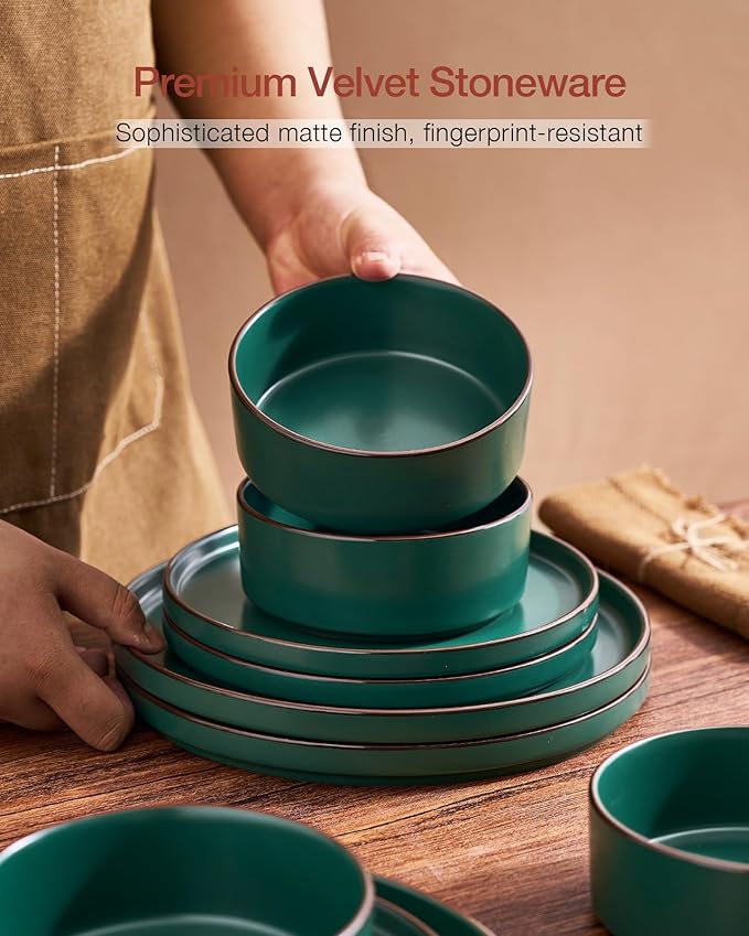 Famiware Nebula Ridge Stoneware Dinnerware Sets for 6, Plates and Bowls Sets, 18 Pieces Dishes Set, Microwave and Dishwasher Safe Kitchen Plates, Dark Green