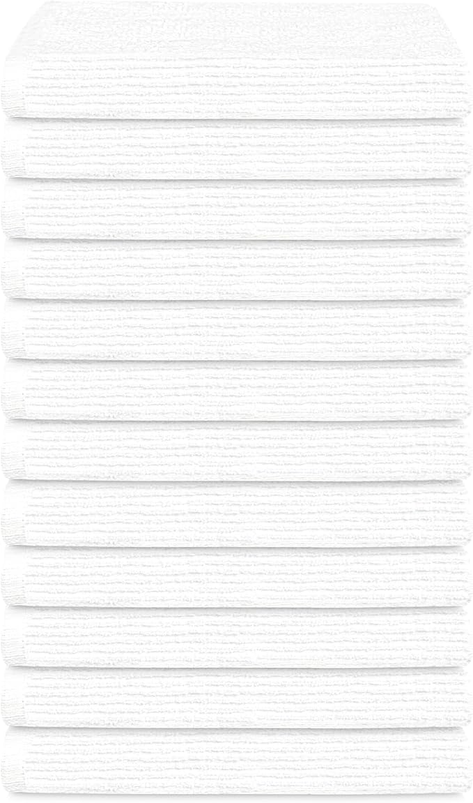 Tens Towels 12 Pack Ribbed Weave White Barmop,100% Cotton, 16x19 inches, Super Absorbent Kitchen Bar Towels, Lighter Weight Cleaning Cloths, Perfect for Drying Dishes at Home and Restaurant