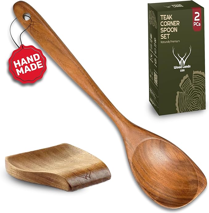 Corner Wooden Spoon for Cooking 12” Long Handle - Cooking Utensils Set for Women & Chefs, Elegant Wooden Kitchen Utensil Set with Rest, Essential Wooden Utensil Set for Kitchen & Perfect Gifts
