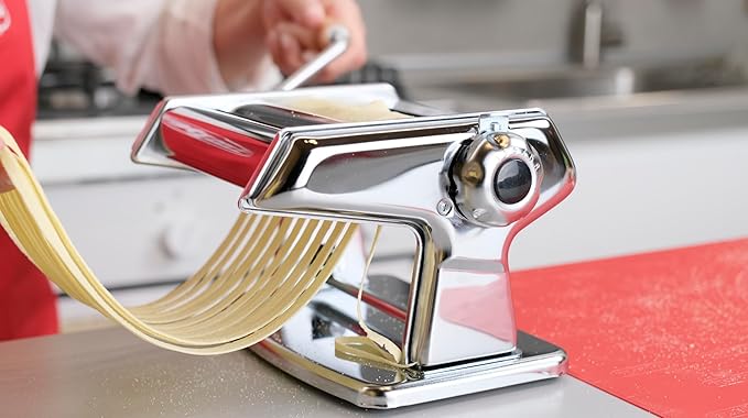 Imperia Titania Pasta Maker- Machine is 100% Made in Italy- Heavy Duty Steel Construction, Manual Roller with Wooden Handle- Cutter for Lasanga, Fettucine & More- Make Fresh Homemade Italian Noodles