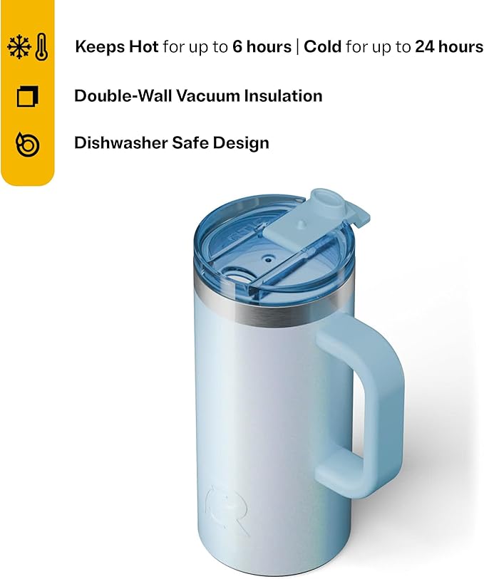 RTIC 16oz Road Trip Travel Mug with Lid and Handle, Ceramic Lined, Insulated, Stainless Steel, Metal, Double Wall Vacuum-Insulation, Portable Coffee, Tea Cup for Hot and Cold Drink, RTIC Ice Glitter