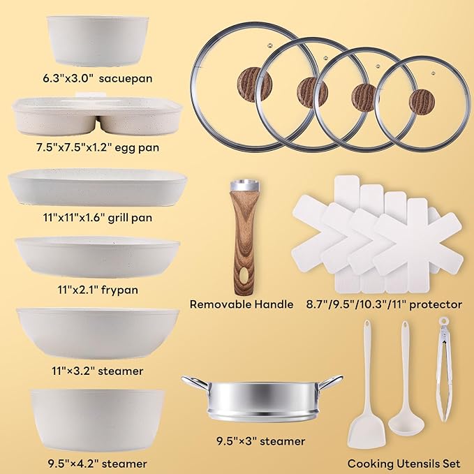 Sweetcrispy 17 Pcs Nonstick Pots and Pans, Non-toxic Kitchen Cooking Set with Stay-Cool Handles, Cream White