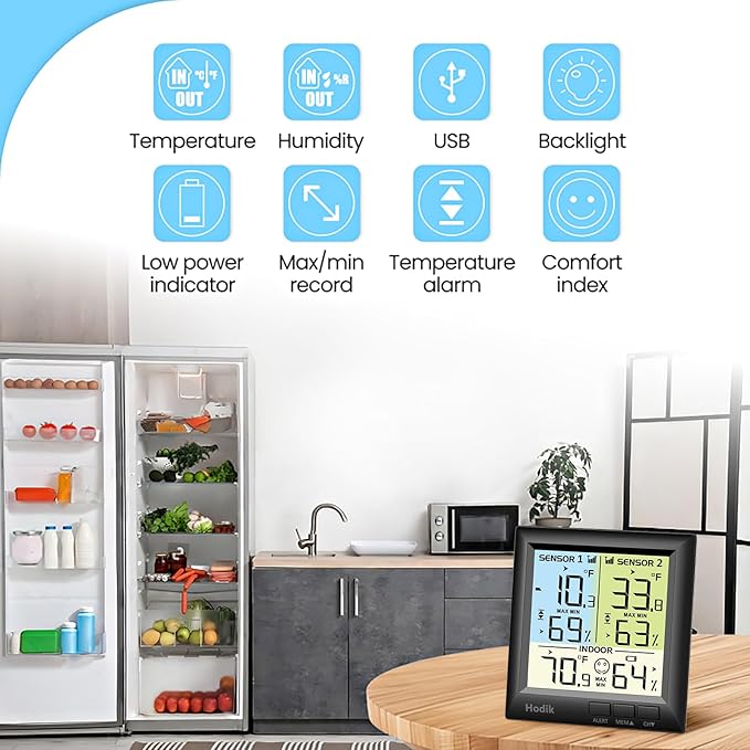 Wireless Freezer Thermometer with Alarm Refrigerator Thermometer, Fridge Freezer Alarm Thermometer Digital with 3 Adjustable Backlight and 330FT Remote Range for Kitchen Home Restaurant (Black)