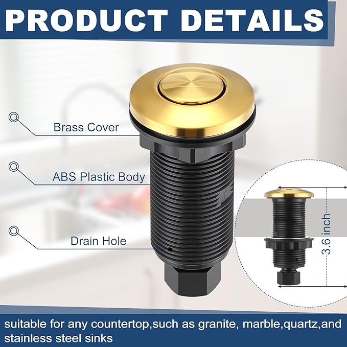 Garbage Disposal Air Switch Kit Dual Outlet Sink Top Waste Disposal On/off Stainless Steel Satin Nickel Button Extra Long Food and Waste Disposer, UL List(Gold)